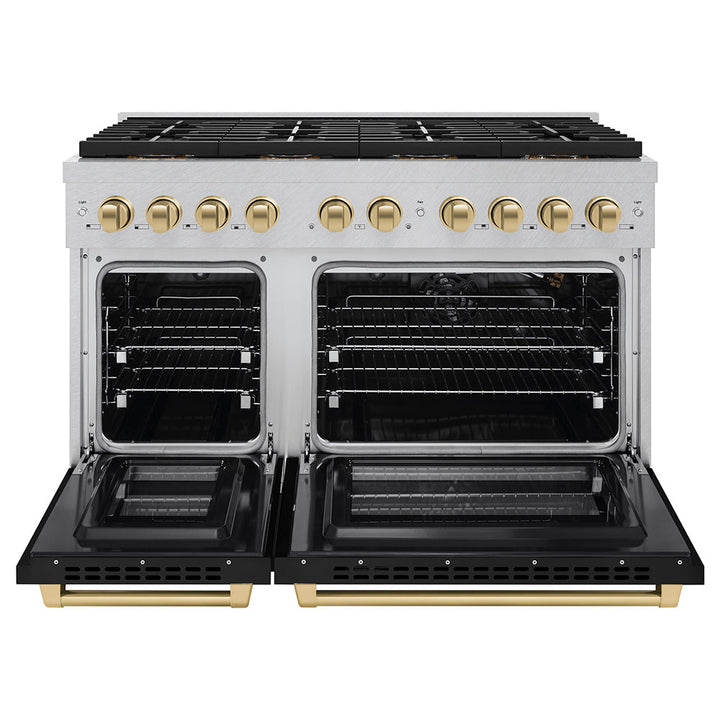 ZLINE Autograph Edition 48 in. 6.7 cu. ft. Paramount Dual Fuel Range with 8 Burner DuoProâ„¢ Cooktop and Dual Ovens in Satin Stainless Steel with Black Matte Doors and Champagne Bronze Accents (PSDRSZ-BLM48-CB)