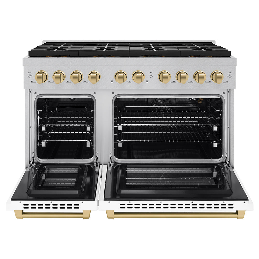 ZLINE Autograph Edition 48 in. 6.7 cu. ft. Paramount Gas Range with 8 Burner DuoProâ„¢ Cooktop and Dual Ovens in Satin Stainless Steel with White Matte Doors and Champagne Bronze Accents (PSGRSZ-WM-48-CB)