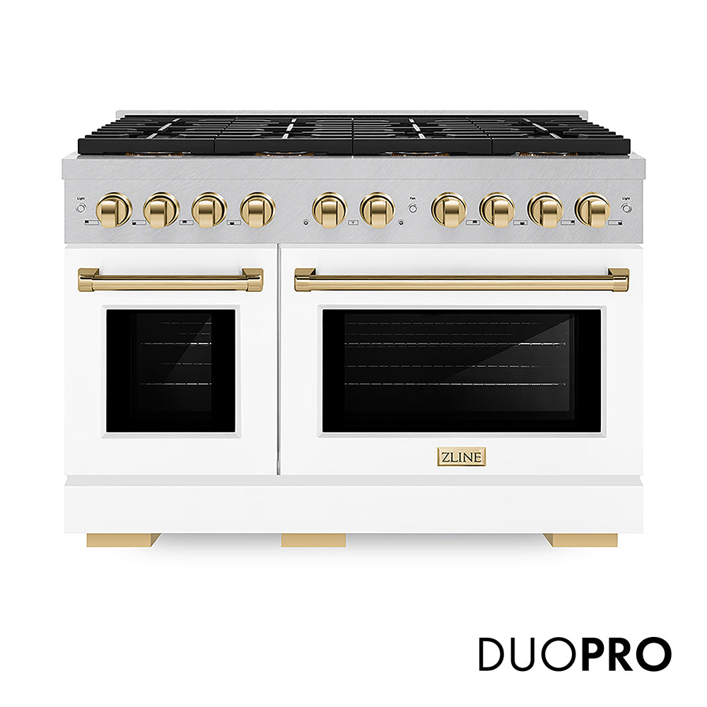 ZLINE Autograph Edition 48 in. 6.7 cu. ft. Paramount Gas Range with 8 Burner DuoProâ„¢ Cooktop and Dual Ovens in Satin Stainless Steel with White Matte Doors and Polished Gold Accents (PSGRSZ-WM-48-G)
