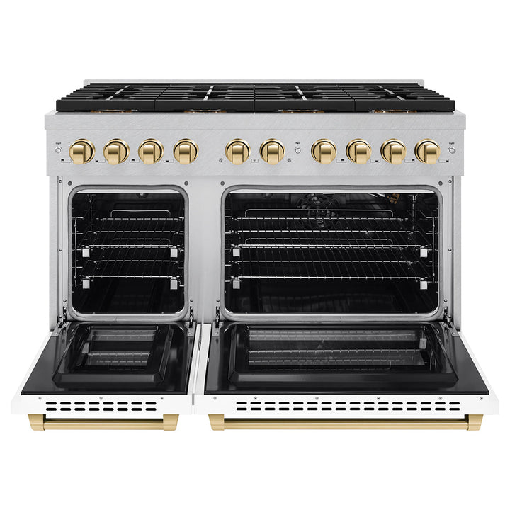 ZLINE Autograph Edition 48 in. 6.7 cu. ft. Paramount Gas Range with 8 Burner DuoProâ„¢ Cooktop and Dual Ovens in Satin Stainless Steel with White Matte Doors and Polished Gold Accents (PSGRSZ-WM-48-G)