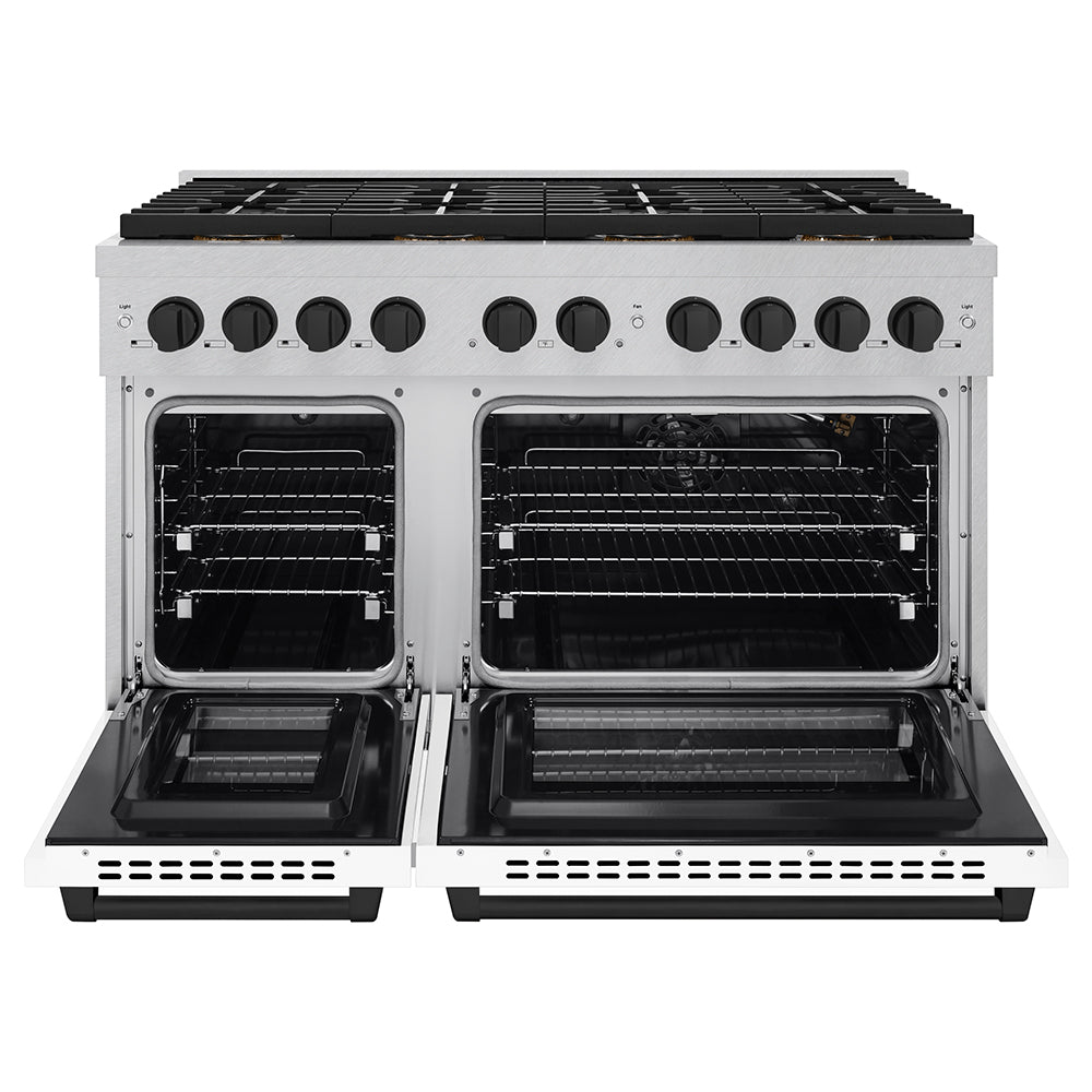 ZLINE Autograph Edition 48 in. 6.7 cu. ft. Paramount Gas Range with 8 Burner DuoProâ„¢ Cooktop and Dual Ovens in Satin Stainless Steel with White Matte Doors and Matte Black Accents (PSGRSZ-WM-48-MB)
