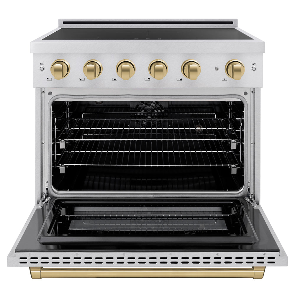 ZLINE Autograph Edition 36 in. 5.2 cu. ft. Paramount Induction Range with 5 Element Cooktop and Electric Convection Oven in Satin Stainless Steel with Champagne Bronze Accents (SINRSZ-36-CB)