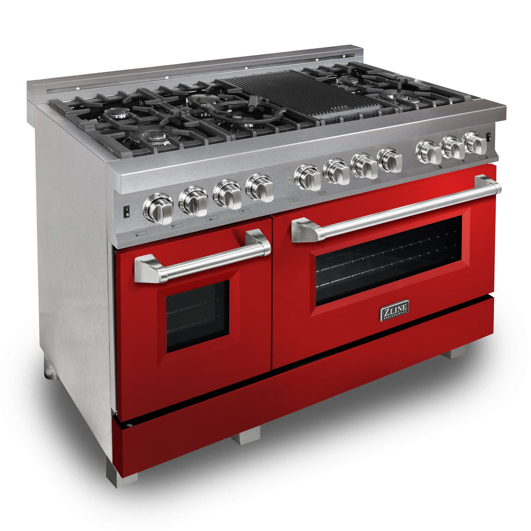 ZLINE 48 in. 6.0 cu. ft. Legacy Dual Fuel Range with 7 Burner Gas Cooktop and 2 Electric Ovens in Satin Stainless Steel and Red Gloss Doors (RAS-RG-48)