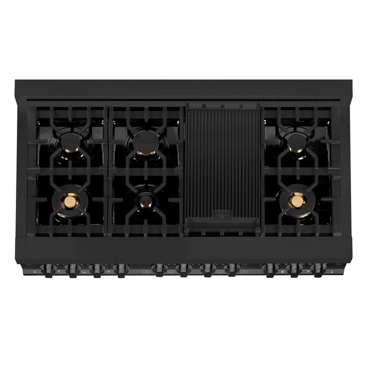 ZLINE 48 in. 6.0 cu. ft. Legacy Dual Fuel Range with Gas Cooktop and 2 Electric Ovens in Black Stainless Steel with 6 Brass Burners (RAB-BR-48)
