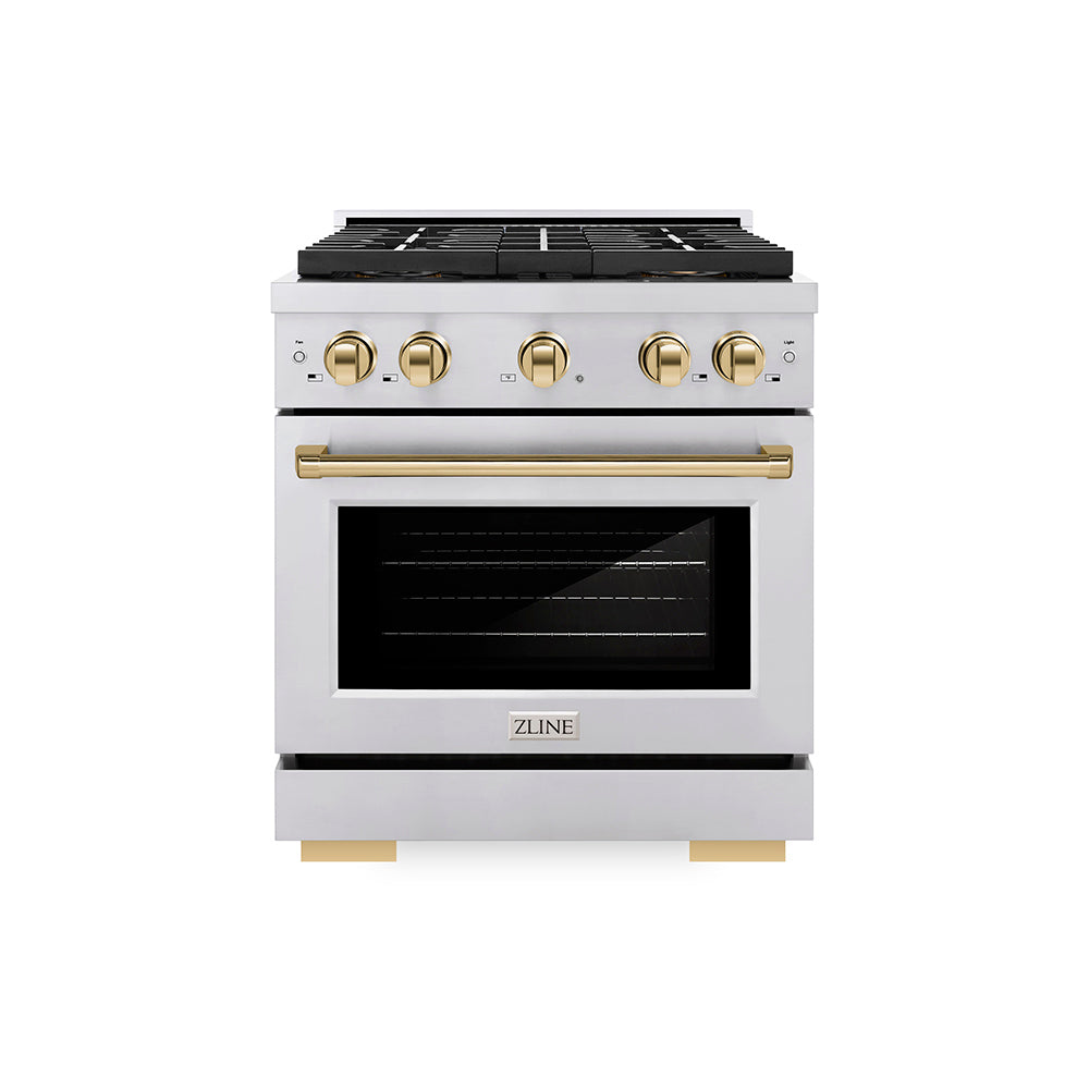 ZLINE Autograph Edition 30 in. 4.2 cu. ft. Paramount Dual Fuel Range with 4 Burner DuoProâ„¢ Cooktop and Electric Convection Oven in Stainless Steel with Polished Gold Accents (PSDRZ-30-G)