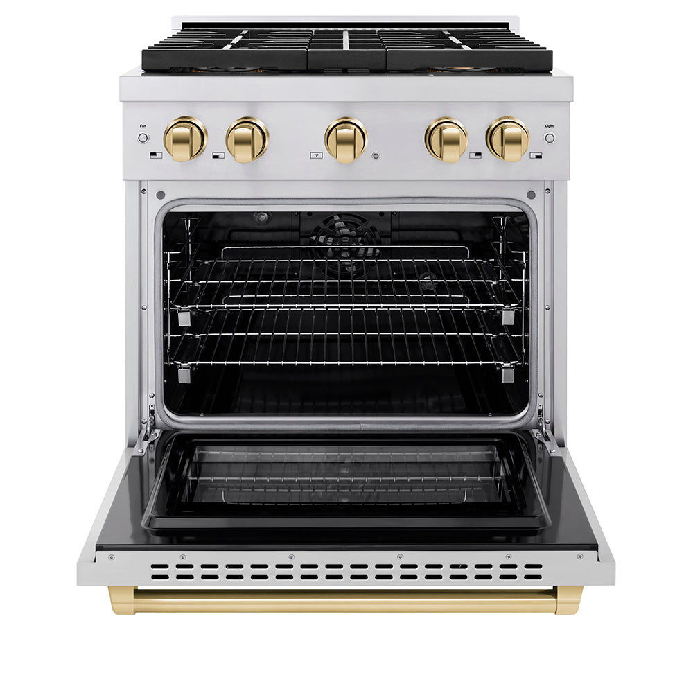 ZLINE Autograph Edition 30 in. 4.2 cu. ft. Paramount Dual Fuel Range with 4 Burner DuoProâ„¢ Cooktop and Electric Convection Oven in Stainless Steel with Champagne Bronze Accents (PSDRZ-30-CB)