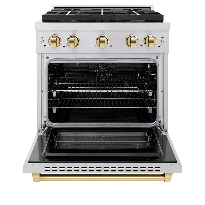 ZLINE Autograph Edition 30 in. 4.2 cu. ft. Paramount Dual Fuel Range with 4 Burner DuoProâ„¢ Cooktop and Electric Convection Oven in Stainless Steel with Champagne Bronze Accents (PSDRZ-30-CB)