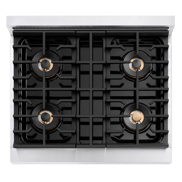 ZLINE Autograph Edition 30 in. 4.2 cu. ft. Paramount Dual Fuel Range with 4 Burner DuoProâ„¢ Cooktop and Electric Convection Oven in Stainless Steel with Champagne Bronze Accents (PSDRZ-30-CB)