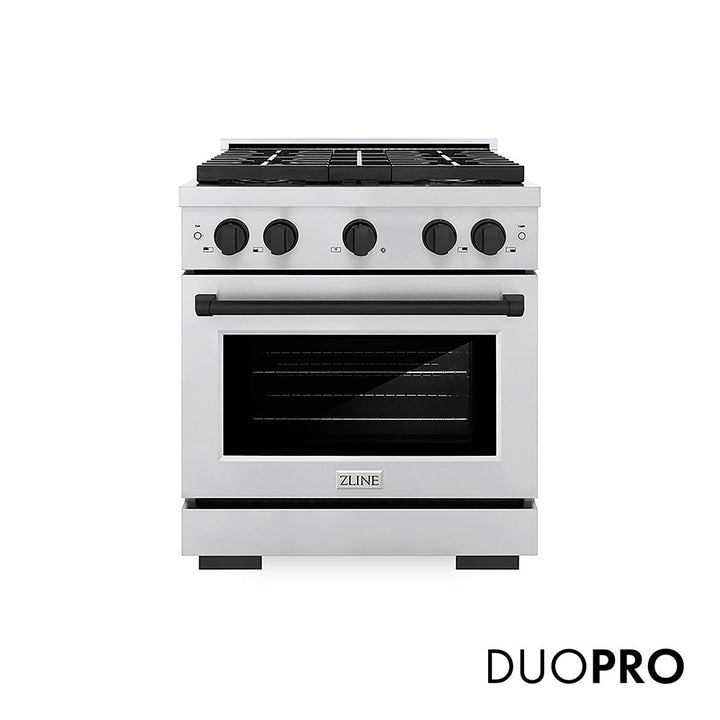 ZLINE Autograph Edition 30 in. 4.2 cu. ft. Paramount Dual Fuel Range with 4 Burner DuoProâ„¢ Cooktop and Electric Convection Oven in Stainless Steel with Matte Black Accents (PSDRZ-30-MB)