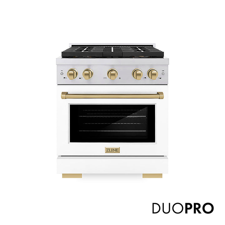 ZLINE Autograph Edition 30 in. 4.2 cu. ft. Paramount Dual Fuel Range with 4 Burner DuoProâ„¢ Cooktop and Electric Convection Oven in Stainless Steel with White Matte Door and Champagne Bronze Accents (PSDRZ-WM-30-CB)