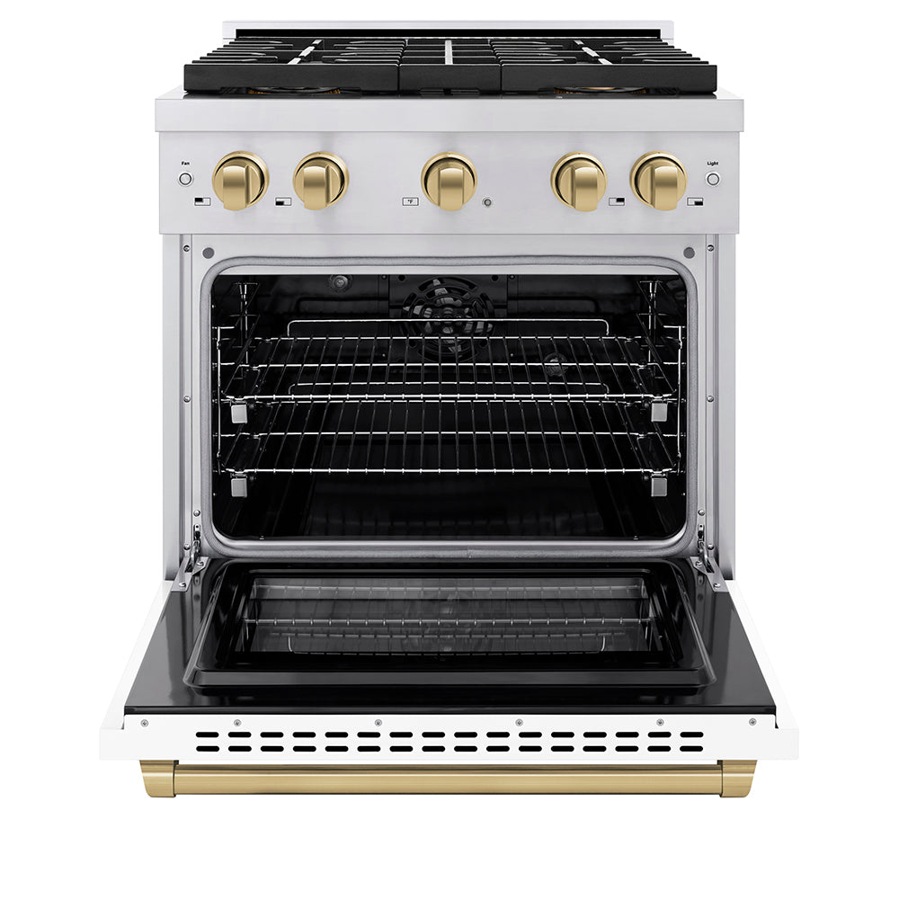 ZLINE Autograph Edition 30 in. 4.2 cu. ft. Paramount Dual Fuel Range with 4 Burner DuoProâ„¢ Cooktop and Electric Convection Oven in Stainless Steel with White Matte Door and Champagne Bronze Accents (PSDRZ-WM-30-CB)