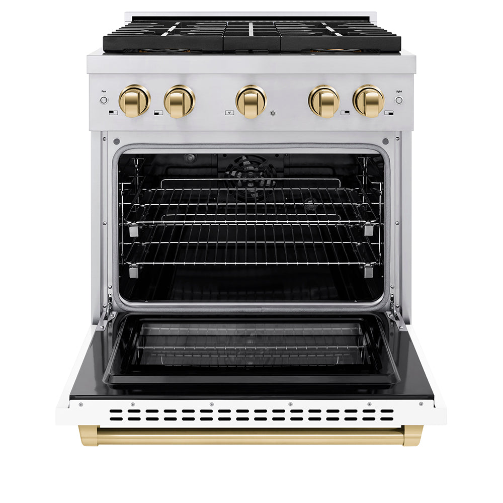 ZLINE Autograph Edition 30 in. 4.2 cu. ft. Paramount Dual Fuel Range with 4 Burner DuoProâ„¢ Cooktop and Electric Convection Oven in Stainless Steel with White Matte Door and Polished Gold Accents (PSDRZ-WM-30-G)