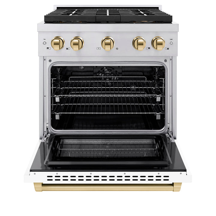 ZLINE Autograph Edition 30 in. 4.2 cu. ft. Paramount Dual Fuel Range with 4 Burner DuoProâ„¢ Cooktop and Electric Convection Oven in Stainless Steel with White Matte Door and Polished Gold Accents (PSDRZ-WM-30-G)