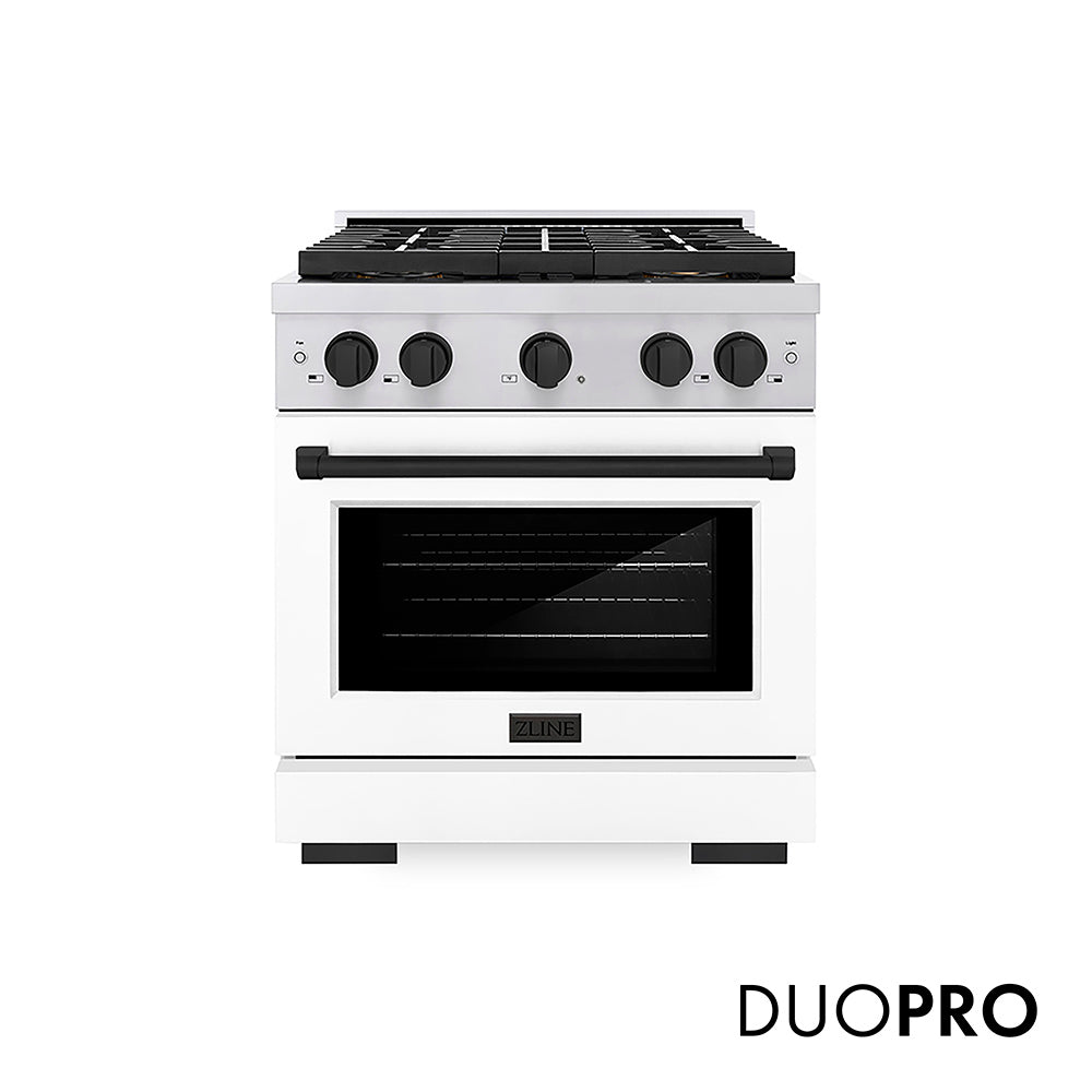 ZLINE Autograph Edition 30 in. 4.2 cu. ft. Paramount Dual Fuel Range with 4 Burner DuoProâ„¢ Cooktop and Electric Convection Oven in Stainless Steel with White Matte Door and Matte Black Accents (PSDRZ-WM-30-MB)