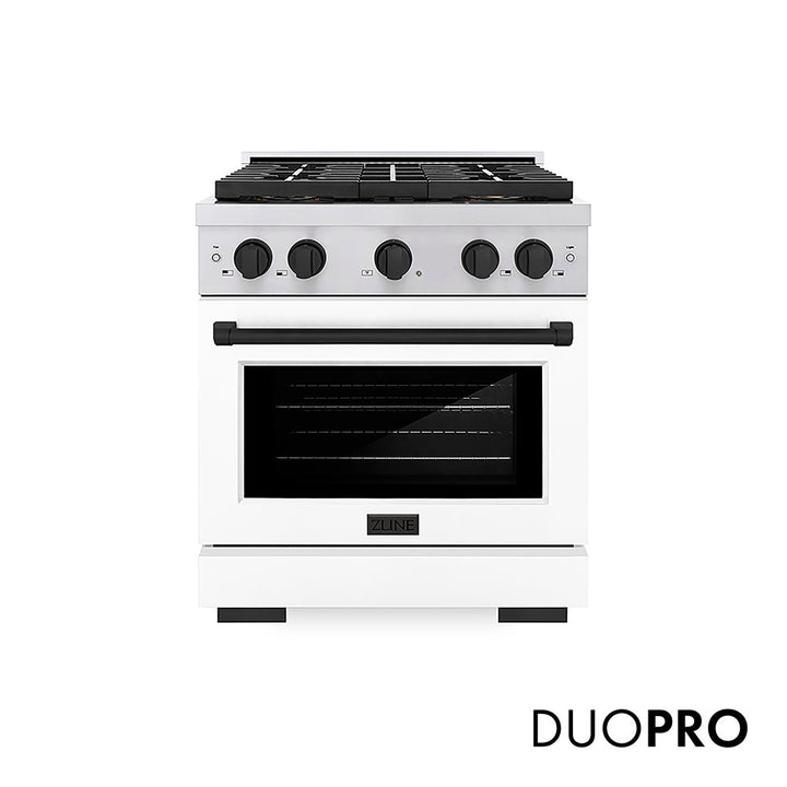 ZLINE Autograph Edition 30 in. 4.2 cu. ft. Paramount Dual Fuel Range with 4 Burner DuoProâ„¢ Cooktop and Electric Convection Oven in Stainless Steel with White Matte Door and Matte Black Accents (PSDRZ-WM-30-MB)