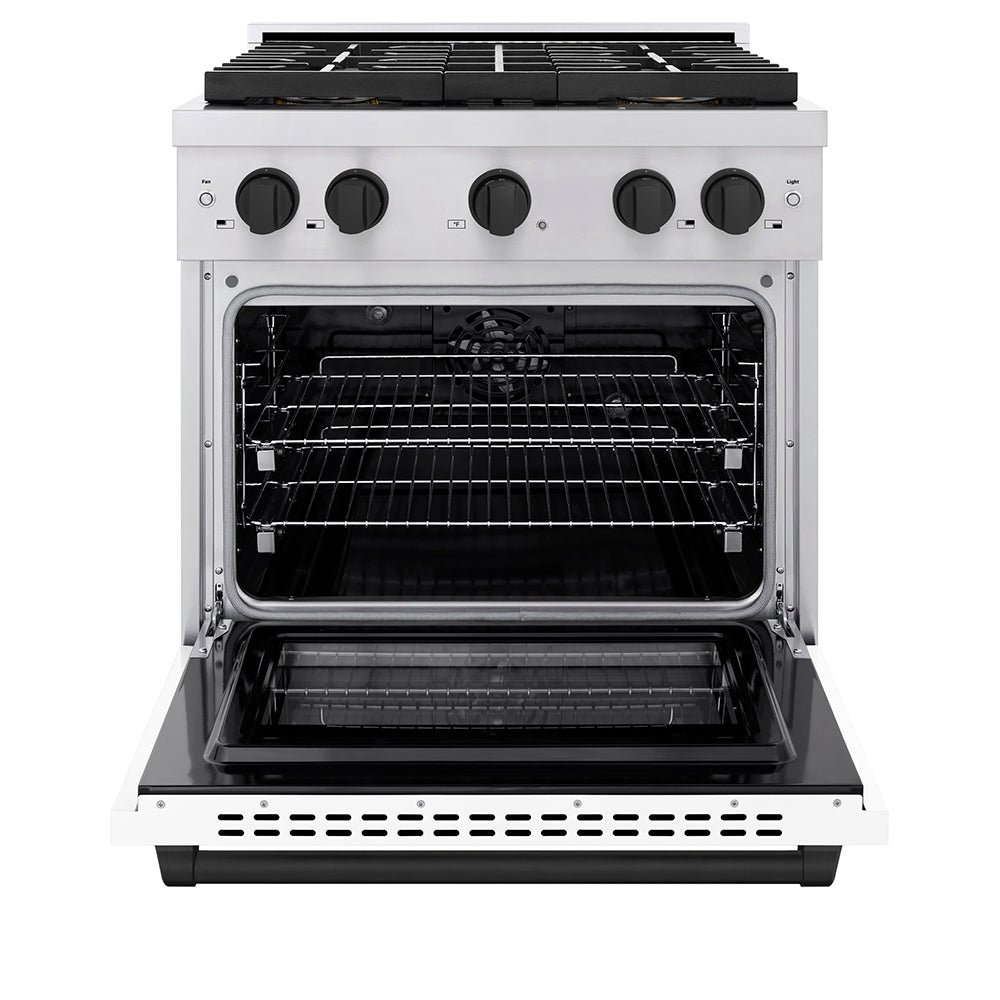 ZLINE Autograph Edition 30 in. 4.2 cu. ft. Paramount Dual Fuel Range with 4 Burner DuoProâ„¢ Cooktop and Electric Convection Oven in Stainless Steel with White Matte Door and Matte Black Accents (PSDRZ-WM-30-MB)