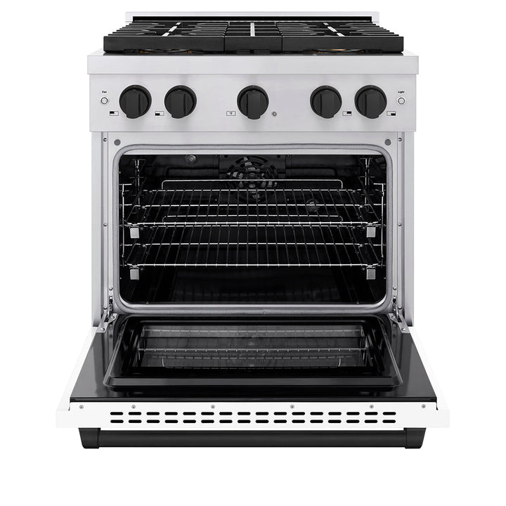 ZLINE Autograph Edition 30 in. 4.2 cu. ft. Paramount Dual Fuel Range with 4 Burner DuoProâ„¢ Cooktop and Electric Convection Oven in Stainless Steel with White Matte Door and Matte Black Accents (PSDRZ-WM-30-MB)