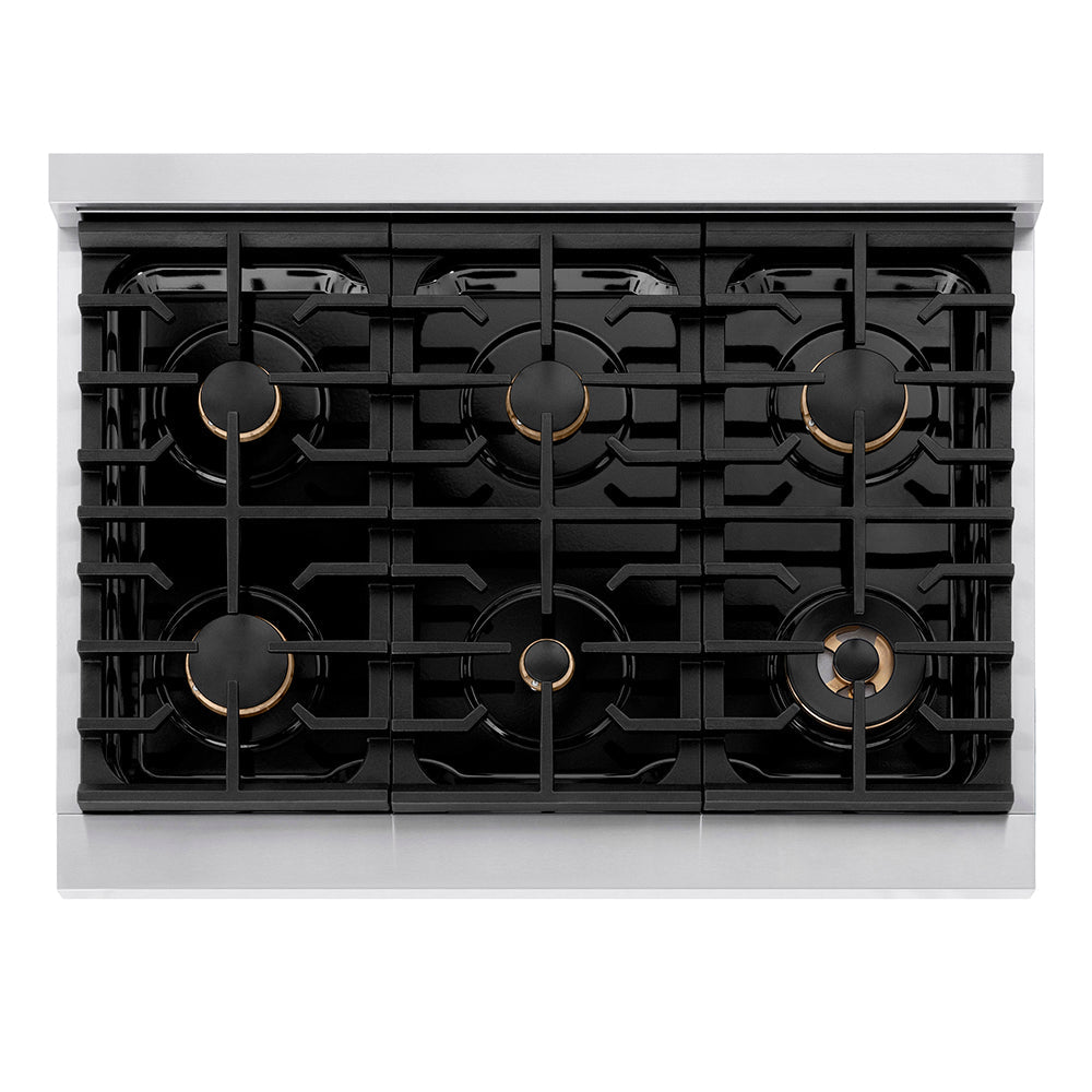 ZLINE Autograph Edition 36 in. 5.2 cu. ft. Paramount Dual Fuel Range with 6 Burner Gas Cooktop and Electric Convection Oven in Stainless Steel with Polished Nickel Helix Handle and Knob Accents (SDRZ-36-KPN)