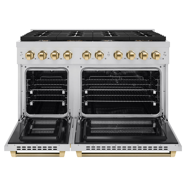 ZLINE Autograph Edition 48 in. 6.7 cu. ft. Paramount Double Oven Dual Fuel Range with 8 Burner Gas Cooktop in Stainless Steel and Polished Gold Helix Handles and Knob Accents (SDRZ-48-KG)