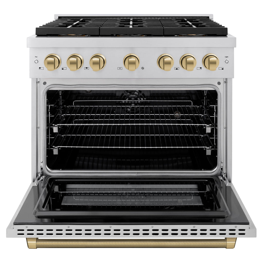 ZLINE Autograph Edition 36 in. 5.2 cu. ft. Paramount Dual Fuel Range with 6 Burner DuoProâ„¢ Cooktop and Electric Convection Oven in Stainless Steel with Champagne Bronze Helix Handle and Accents (PSDRZ-36-KCB)