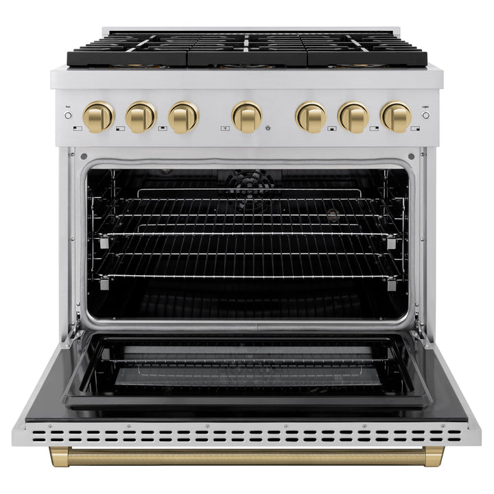 ZLINE Autograph Edition 36 in. 5.2 cu. ft. Paramount Dual Fuel Range with 6 Burner DuoProâ„¢ Cooktop and Electric Convection Oven in Stainless Steel with Champagne Bronze Helix Handle and Accents (PSDRZ-36-KCB)