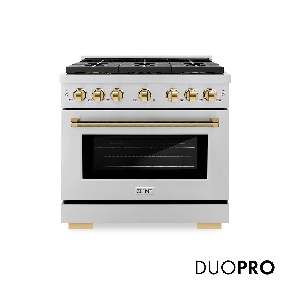 ZLINE Autograph Edition 36 in. 5.2 cu. ft. Paramount Dual Fuel Range with 6 Burner DuoProâ„¢ Cooktop and Electric Convection Oven in Stainless Steel with Polished Gold Helix Handle and Accents (PSDRZ-36-KG)