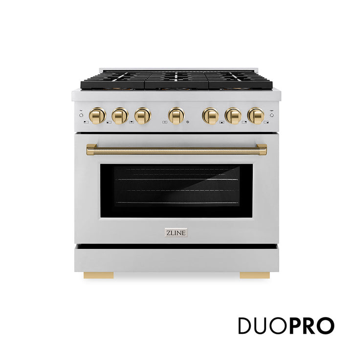 ZLINE Autograph Edition 36 in. 5.2 cu. ft. Paramount Dual Fuel Range with 6 Burner DuoProâ„¢ Cooktop and Electric Convection Oven in Stainless Steel with Polished Gold Helix Handle and Accents (PSDRZ-36-KG)