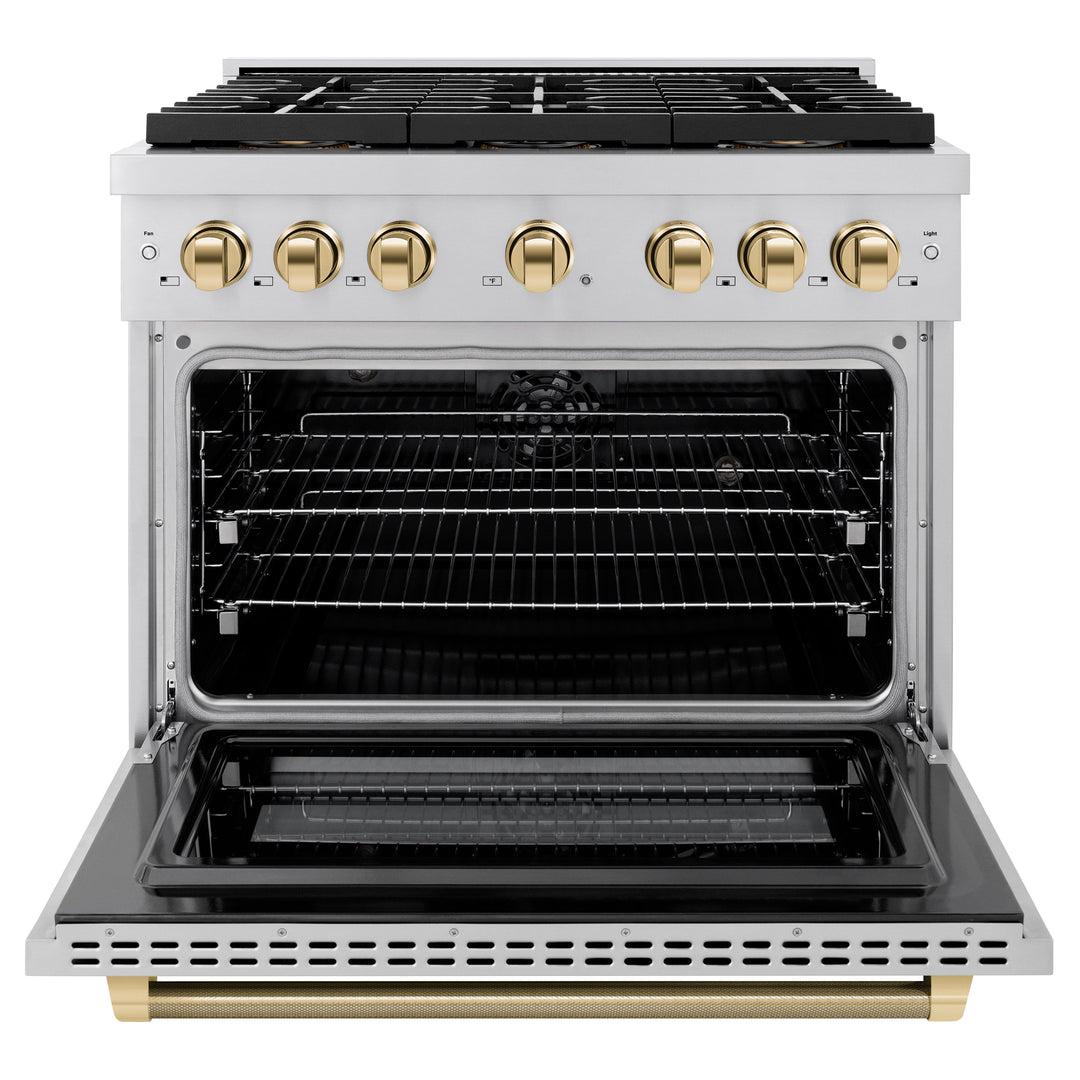 ZLINE Autograph Edition 36 in. 5.2 cu. ft. Paramount Dual Fuel Range with 6 Burner DuoProâ„¢ Cooktop and Electric Convection Oven in Stainless Steel with Polished Gold Helix Handle and Accents (PSDRZ-36-KG)