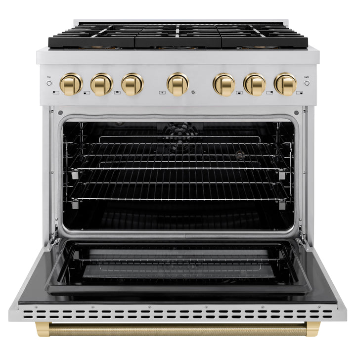 ZLINE Autograph Edition 36 in. 5.2 cu. ft. Paramount Dual Fuel Range with 6 Burner DuoProâ„¢ Cooktop and Electric Convection Oven in Stainless Steel with Polished Gold Helix Handle and Accents (PSDRZ-36-KG)