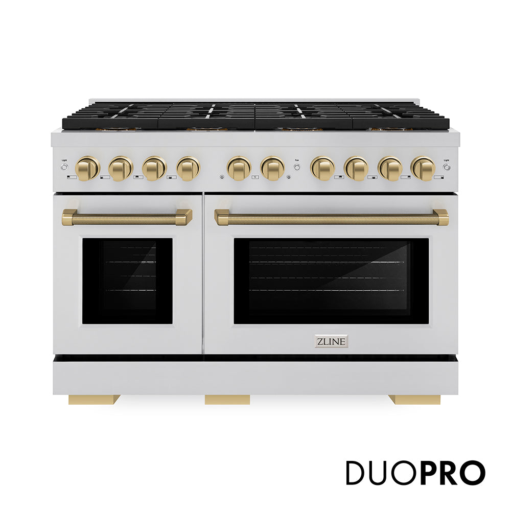 ZLINE Autograph Edition 48 in. 6.7 cu. ft. Paramount Dual Fuel Range with 8 Burner DuoProâ„¢ Cooktop and Dual Ovens in Stainless Steel with Champagne Bronze Helix Handles and Accents (PSDRZ-48-KCB)
