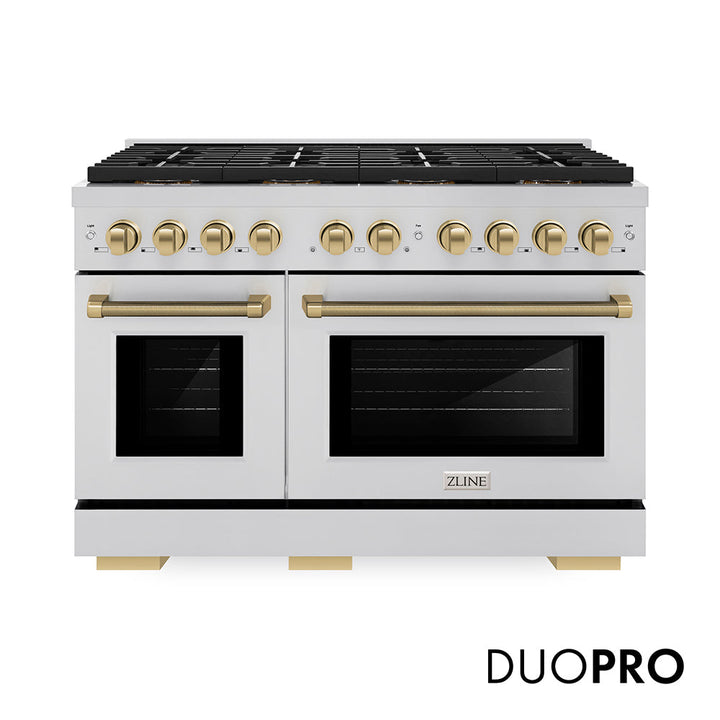 ZLINE Autograph Edition 48 in. 6.7 cu. ft. Paramount Dual Fuel Range with 8 Burner DuoProâ„¢ Cooktop and Dual Ovens in Stainless Steel with Champagne Bronze Helix Handles and Accents (PSDRZ-48-KCB)