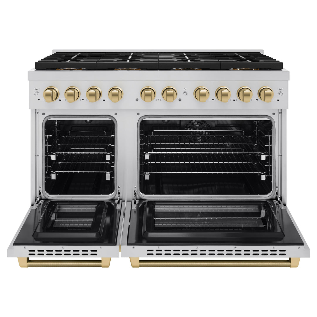 ZLINE Autograph Edition 48 in. 6.7 cu. ft. Paramount Dual Fuel Range with 8 Burner DuoProâ„¢ Cooktop and Dual Ovens in Stainless Steel with Champagne Bronze Helix Handles and Accents (PSDRZ-48-KCB)