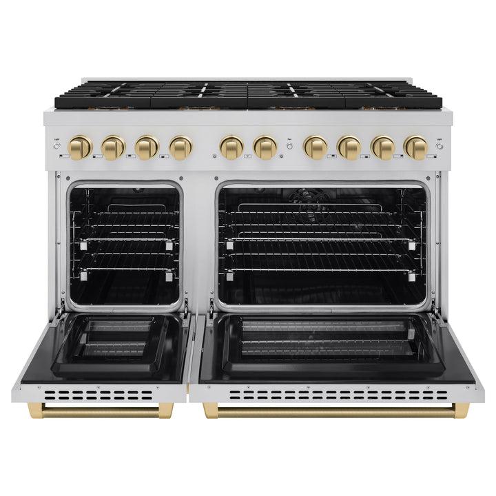 ZLINE Autograph Edition 48 in. 6.7 cu. ft. Paramount Dual Fuel Range with 8 Burner DuoProâ„¢ Cooktop and Dual Ovens in Stainless Steel with Champagne Bronze Helix Handles and Accents (PSDRZ-48-KCB)