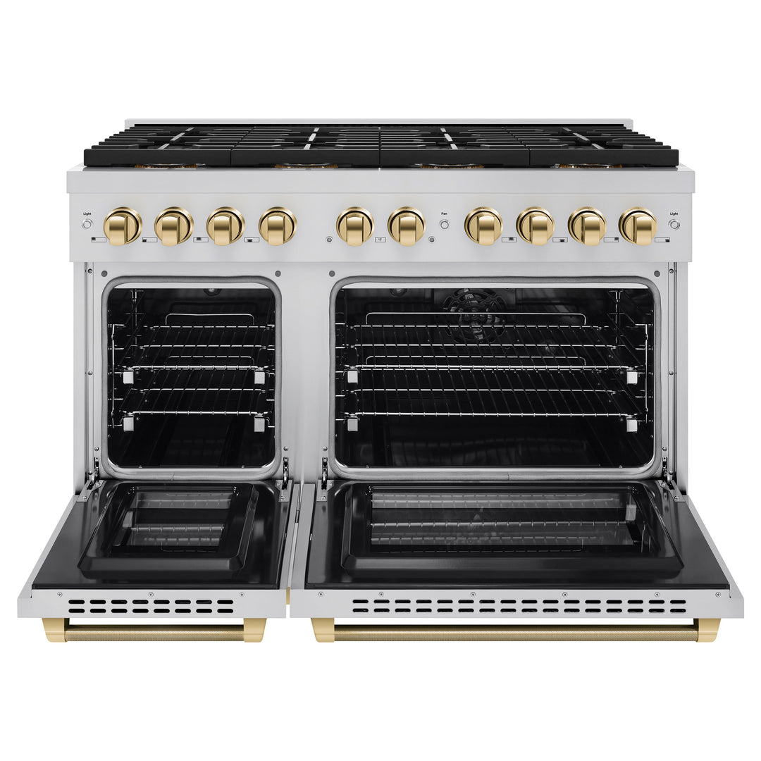 ZLINE Autograph Edition 48 in. 6.7 cu. ft. Paramount Dual Fuel Range with 8 Burner DuoProâ„¢ Cooktop and Dual Ovens in Stainless Steel with Polished Gold Helix Handles and Accents (PSDRZ-48-KG)