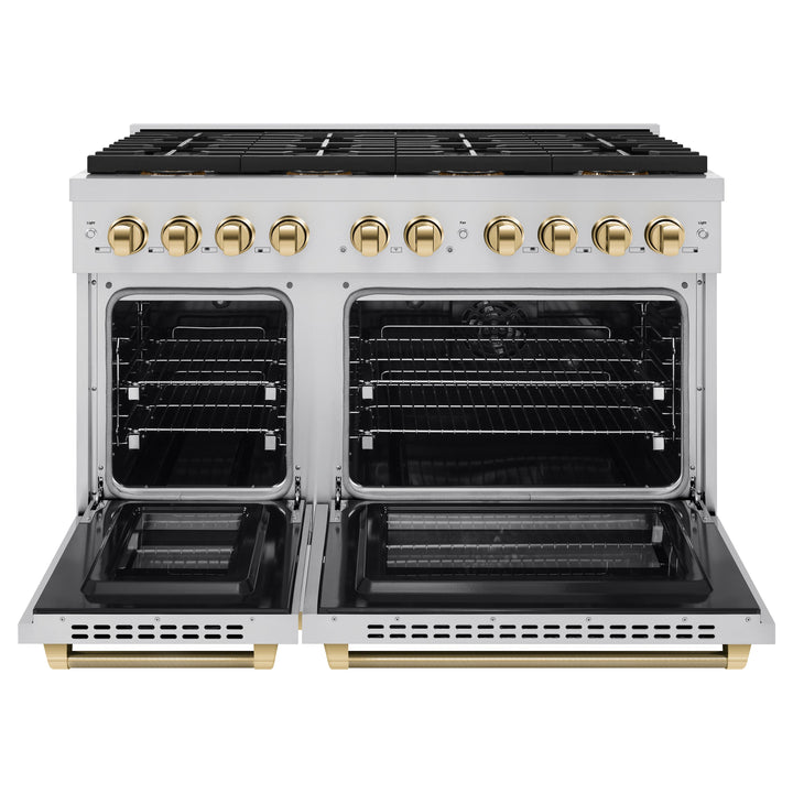 ZLINE Autograph Edition 48 in. 6.7 cu. ft. Paramount Dual Fuel Range with 8 Burner DuoProâ„¢ Cooktop and Dual Ovens in Stainless Steel with Polished Gold Helix Handles and Accents (PSDRZ-48-KG)