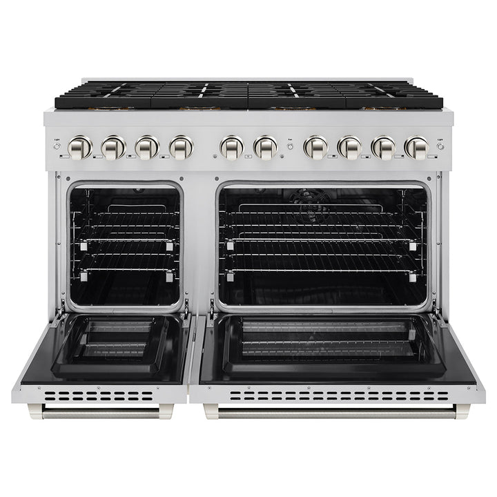 ZLINE Autograph Edition 48 in. 6.7 cu. ft. Paramount Dual Fuel Range with 8 Burner DuoProâ„¢ Cooktop and Dual Ovens in Stainless Steel with Polished Nickel Helix Handles and Accents (PSDRZ-48-KPN)
