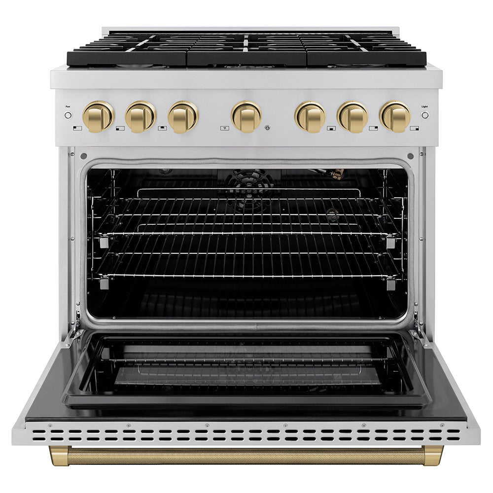 ZLINE Autograph Edition 48 in. 6.7 cu. ft. Paramount Double Oven Gas Range with 8 Burner Cooktop in Black Stainless Steel and Polished Gold Helix Handles and Knob Accents (SGRBZ-48-KG)