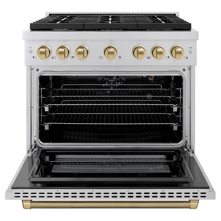 ZLINE Autograph Edition 48 in. 6.7 cu. ft. Paramount Double Oven Gas Range with 8 Burner Cooktop in Black Stainless Steel and Polished Gold Helix Handles and Knob Accents (SGRBZ-48-KG)