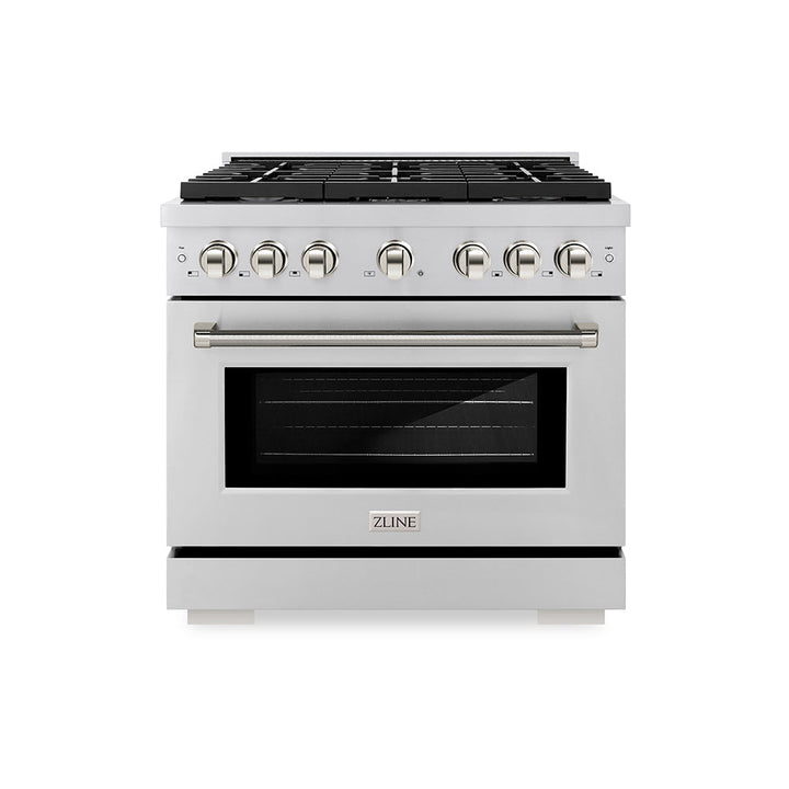 ZLINE Autograph Edition 36 in. 5.2 cu. ft. Paramount Gas Range with 6 Burner Cooktop and Convection Gas Oven in Stainless Steel with Polished Nickel Helix Handle and Knob Accents (SGRZ-36-KPN)