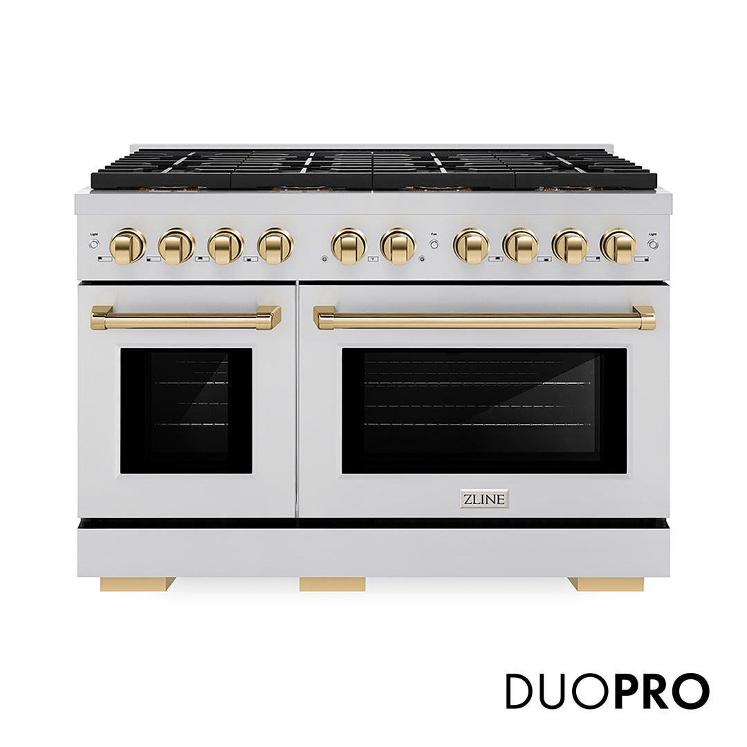 ZLINE Autograph Edition 48 in. 6.7 cu. ft. Paramount Gas Range with 8 Burner DuoProâ„¢ Cooktop and Dual Ovens in Stainless Steel with Champagne Bronze Helix Handles and Accents (PSGRZ-48-KCB)