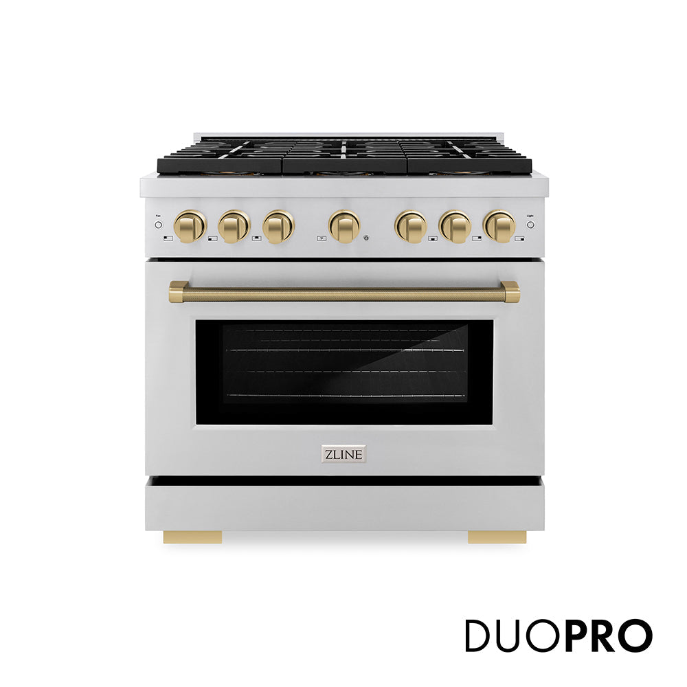 ZLINE Autograph Edition 36 in. 5.2 cu. ft. Paramount Gas Range with 6 Burner DuoProâ„¢ Cooktop and Convection Gas Oven in Stainless Steel with Champagne Bronze Helix Handle and Accents (PSGRZ-36-KCB)
