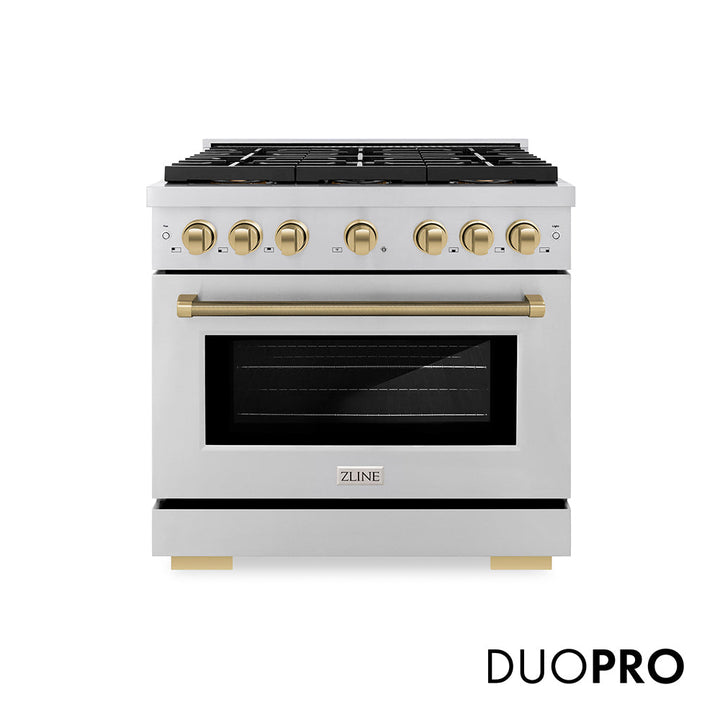 ZLINE Autograph Edition 36 in. 5.2 cu. ft. Paramount Gas Range with 6 Burner DuoProâ„¢ Cooktop and Convection Gas Oven in Stainless Steel with Champagne Bronze Helix Handle and Accents (PSGRZ-36-KCB)
