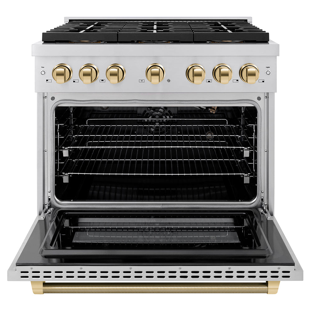 ZLINE Autograph Edition 36 in. 5.2 cu. ft. Paramount Gas Range with 6 Burner DuoProâ„¢ Cooktop and Convection Gas Oven in Stainless Steel with Champagne Bronze Helix Handle and Accents (PSGRZ-36-KCB)