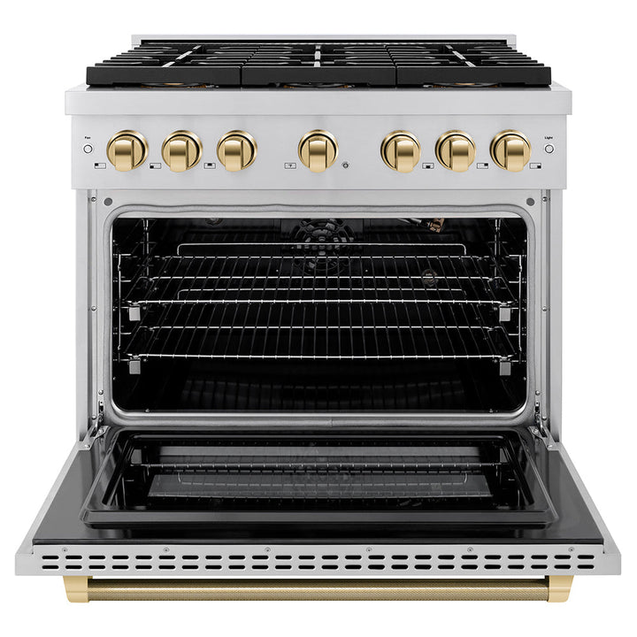 ZLINE Autograph Edition 36 in. 5.2 cu. ft. Paramount Gas Range with 6 Burner DuoProâ„¢ Cooktop and Convection Gas Oven in Stainless Steel with Champagne Bronze Helix Handle and Accents (PSGRZ-36-KCB)