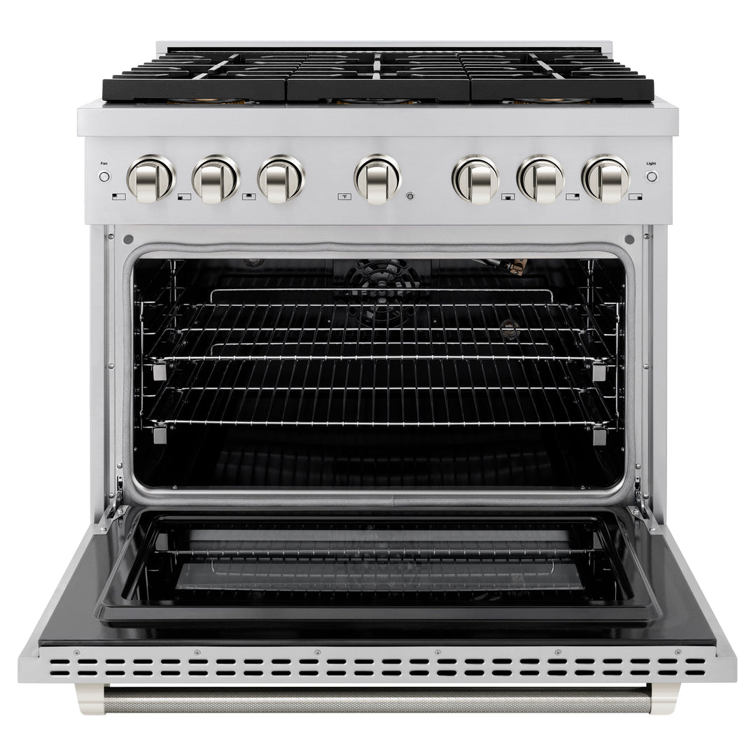 ZLINE Autograph Edition 36 in. 5.2 cu. ft. Paramount Gas Range with 6 Burner DuoProâ„¢ Cooktop and Convection Gas Oven in Stainless Steel with Polished Nickel Helix Handle and Accents (PSGRZ-36-KPN)