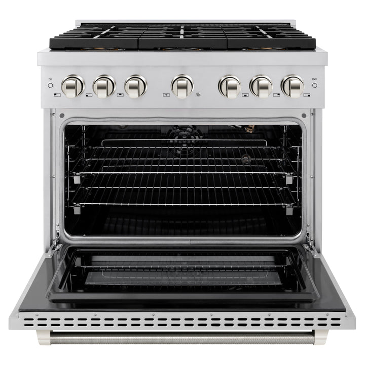 ZLINE Autograph Edition 36 in. 5.2 cu. ft. Paramount Gas Range with 6 Burner DuoProâ„¢ Cooktop and Convection Gas Oven in Stainless Steel with Polished Nickel Helix Handle and Accents (PSGRZ-36-KPN)