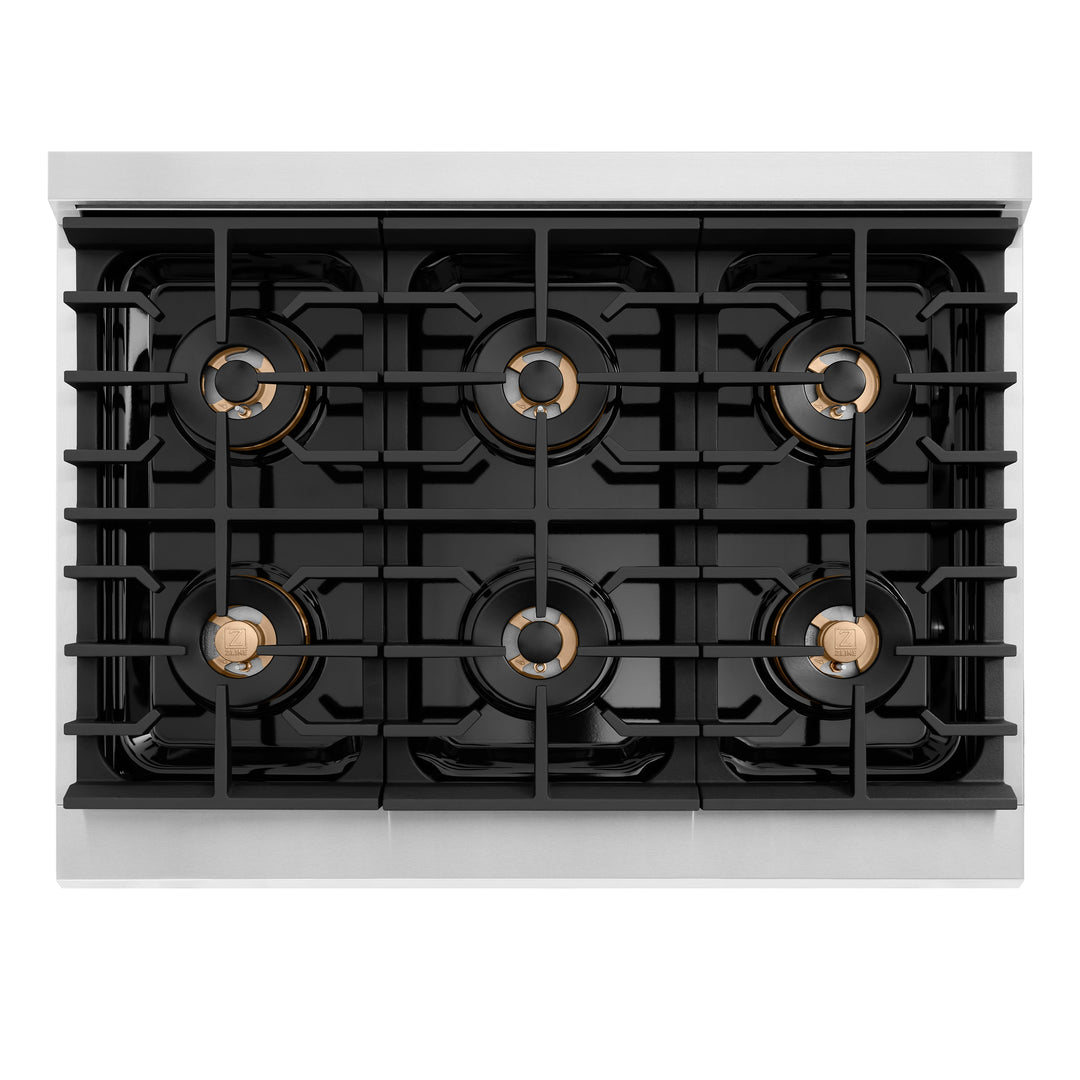 ZLINE Autograph Edition 36 in. 5.2 cu. ft. Paramount Gas Range with 6 Burner DuoProâ„¢ Cooktop and Convection Gas Oven in Stainless Steel with Polished Nickel Helix Handle and Accents (PSGRZ-36-KPN)