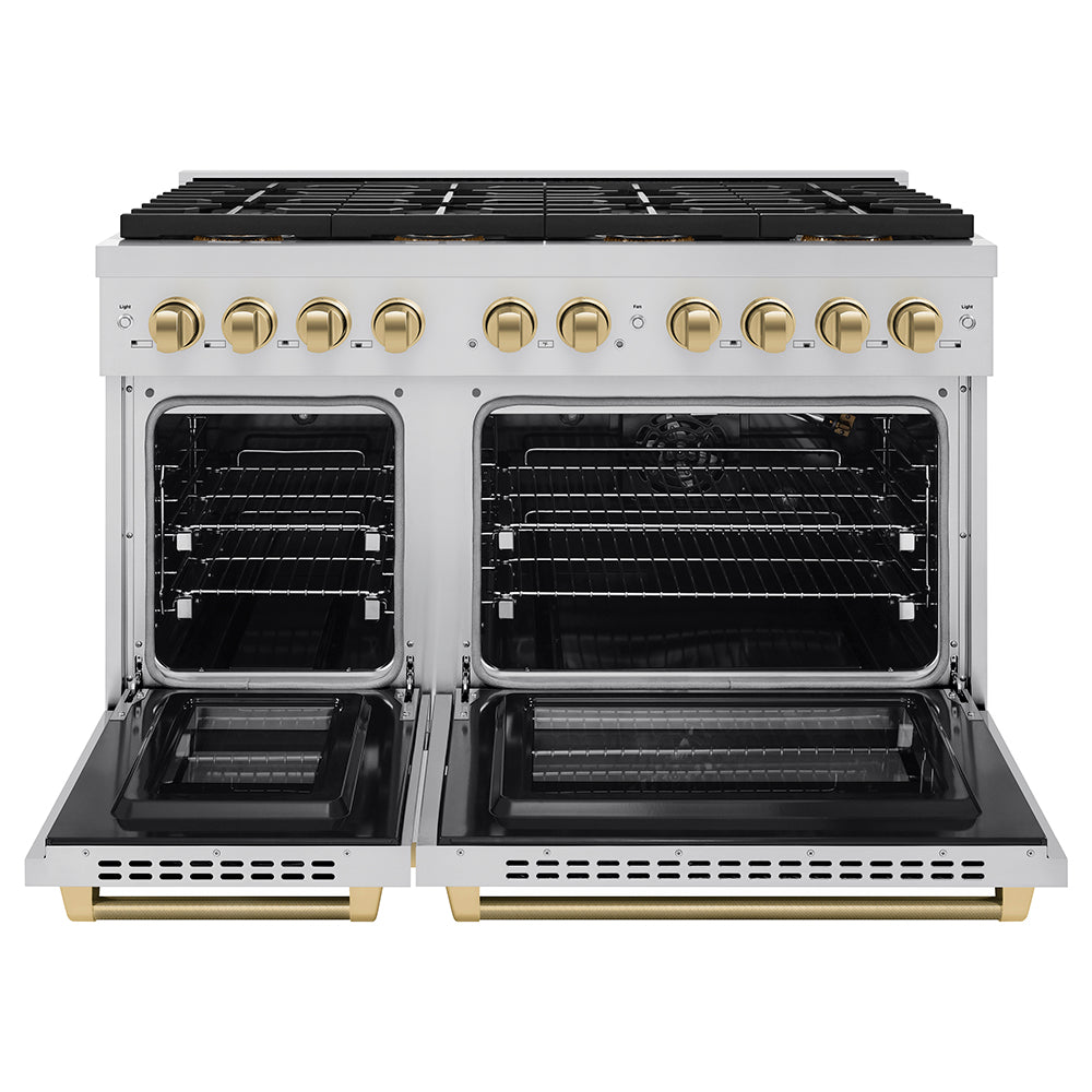 ZLINE Autograph Edition 48 in. 6.7 cu. ft. Paramount Gas Range with 8 Burner DuoProâ„¢ Cooktop and Dual Ovens in Stainless Steel with Champagne Bronze Helix Handles and Accents (PSGRZ-48-KCB)
