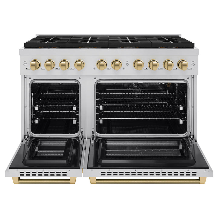 ZLINE Autograph Edition 48 in. 6.7 cu. ft. Paramount Gas Range with 8 Burner DuoProâ„¢ Cooktop and Dual Ovens in Stainless Steel with Champagne Bronze Helix Handles and Accents (PSGRZ-48-KCB)
