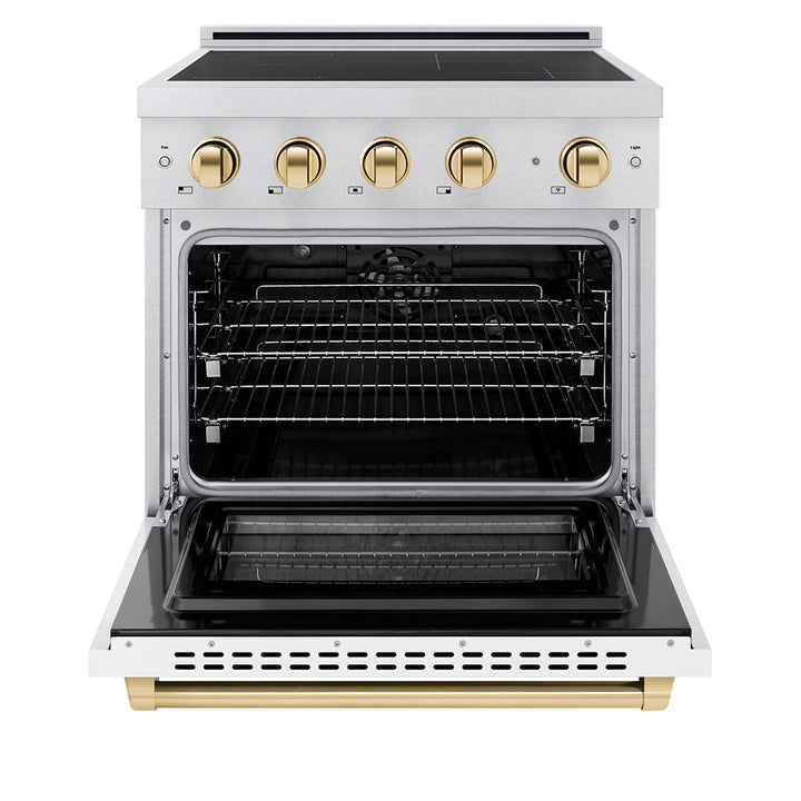 ZLINE Autograph Edition 30 in. 4.2 cu. ft. Paramount Induction Range with 4 Element Cooktop and Electric Convection Oven in Stainless Steel with White Matte Door and Polished Gold Accents (SINRZ-WM-30-G)